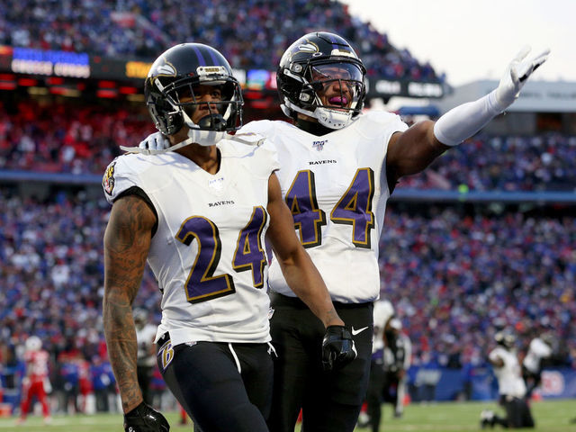 ORCHARD PARK, NEW YORK - DECEMBER 08: Marcus Peters #24 and teammate Marlon Humphrey #44 of the Baltimore Ravens react after breaking up a pass during the fourth quarter of an NFL game against the Buffalo Bills at New Era Field on December 08, 2019 in Orchard Park, New York.