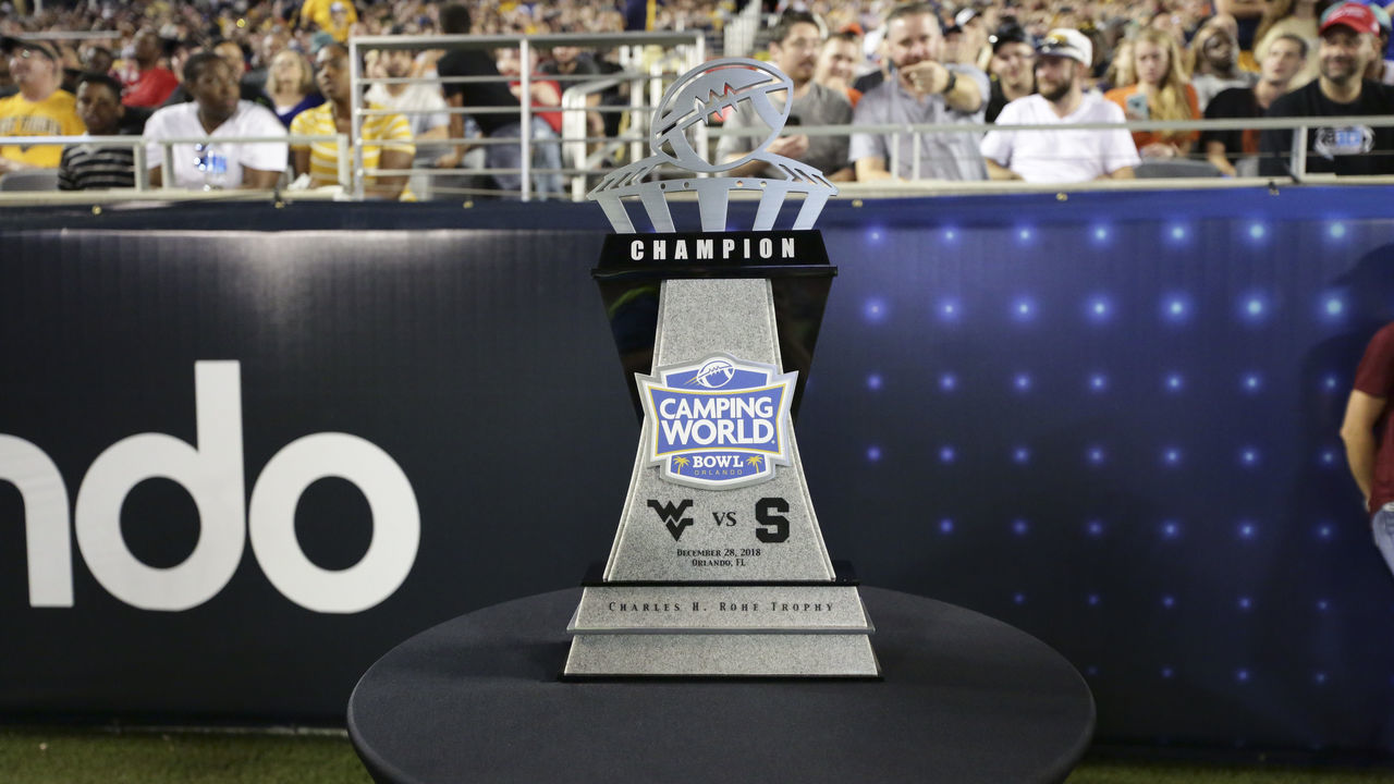 ORLANDO, FL - DECEMBER 28: A general view of the trophy during the 2018 Camping World Bowl between the West Virginia Mountaineers and the Syracuse Orange on December 28, 2018 at Camping World Stadium in Orlando, Fl.