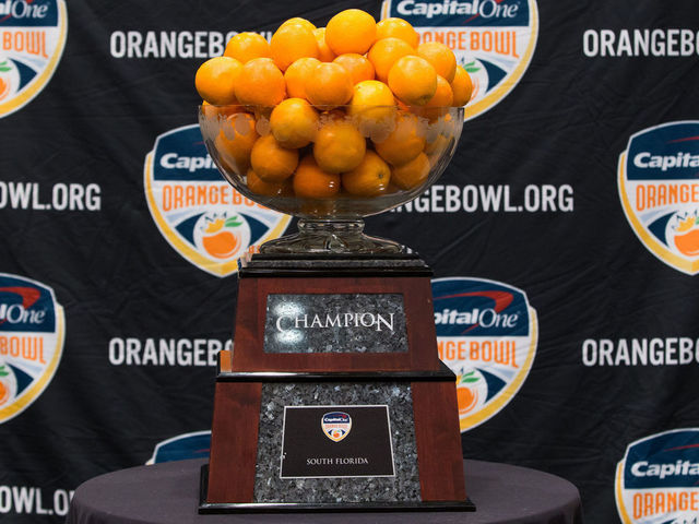 FORT LAUDERDALE, FL - DECEMBER 29: Orange Bowl Trophy during the Capital One Orange Bowl Head Coaches Press Conference on December 29, 2017, at Renaissance Fort Lauderdale Cruise Port Hotel in Fort Lauderdale, Florida.