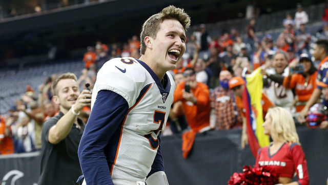 HOUSTON, TX - DECEMBER 08: Drew Lock #3 of the Denver Broncos celebrates as he heads to the locker room after the game against the Houston Texans at NRG Stadium on December 8, 2019 in Houston, Texas.