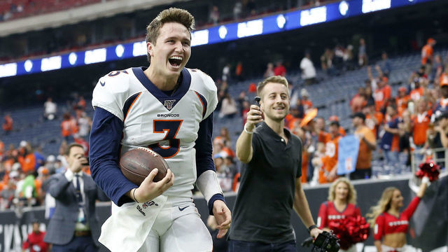 HOUSTON, TX - DECEMBER 08: Drew Lock #3 of the Denver Broncos celebrates as he heads to the locker room after the game against the Houston Texans at NRG Stadium on December 8, 2019 in Houston, Texas.