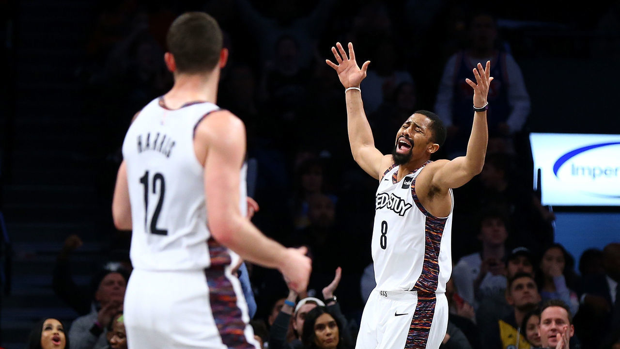 NEW YORK, NEW YORK - DECEMBER 08: Spencer Dinwiddie #8 of the Brooklyn Nets celebrates his late fourth quarter basket against the Denver Nuggets at Barclays Center on December 08, 2019 in New York City. Brooklyn Nets defeated the Denver Nuggets 105-102. Mandatory Copyright Notice: Copyright 2019 NBAE.
