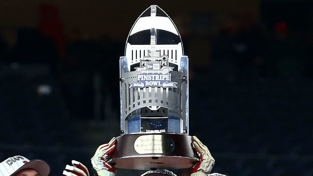 BRONX, NY - DECEMBER 27: A general view of the Pinstripe Bowl Trophy after the 2018 New Era Pinstripe Bowl between the Wisconsin Badgers and the Miami Hurricanes on December 27, 2018 at Yankee Stadium in the Bronx, NY.