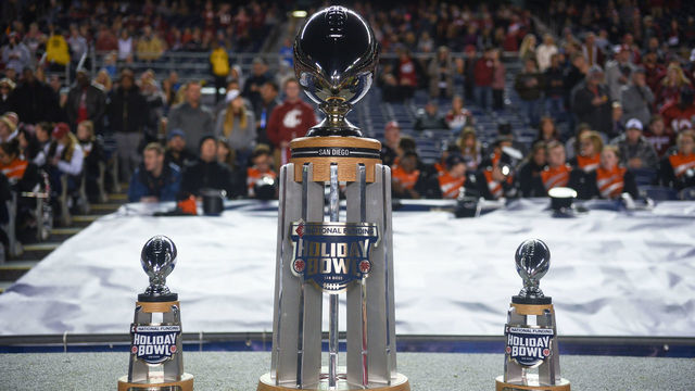 SAN DIEGO, CA - DECEMBER 27: The Holiday Bowl trophies displayed during the National Funding Holiday Bowl game between the Minnesota Golden Gophers and the Washington State Cougars on December 27, 2016, at Qualcomm Stadium in San Diego, CA.