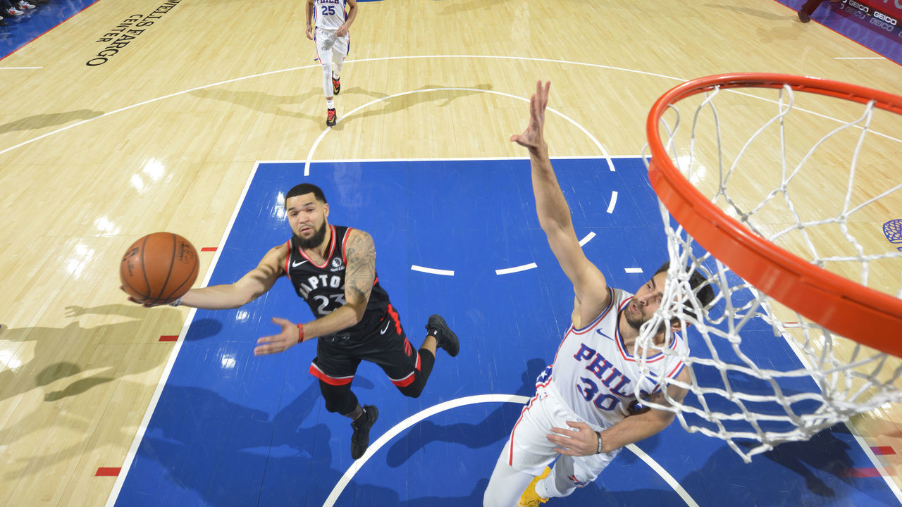 PHILADELPHIA, PA - DECEMBER 8: Fred VanVleet #23 of the Toronto Raptors shoots the ball against the Philadelphia 76ers on December 8, 2019 at the Wells Fargo Center in Philadelphia, Pennsylvania NOTE TO USER: User expressly acknowledges and agrees that, by downloading and/or using this Photograph, user is consenting to the terms and conditions of the Getty Images License Agreement. Mandatory Copyright Notice: Copyright 2019 NBAE