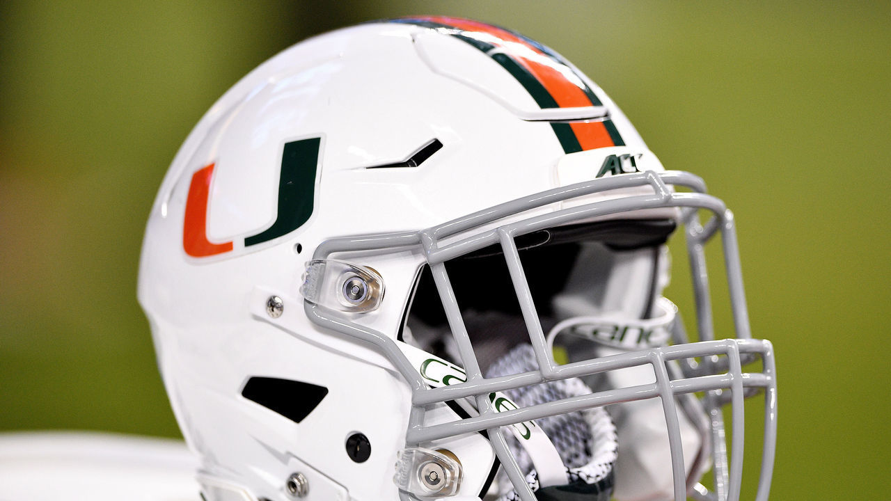 MIAMI, FLORIDA - NOVEMBER 23: A general view of the Miami Hurricanes helmet with a gray facemask during the game against the FIU Golden Panthers in the second half at Marlins Park on November 23, 2019 in Miami, Florida.