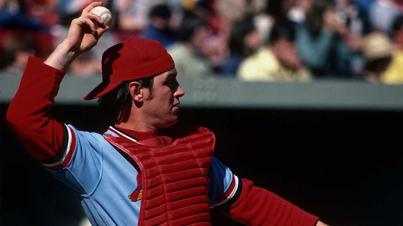PITTSBURGH, PA - CIRCA 1978: Catcher Ted Simmons of the St. Louis Cardinals throws the ball back to the pitcher during a Major League Baseball game against the Pittsburgh Pirates at Three Rivers Stadium circa 1978 in Pittsburgh, Pennsylvania. *** Local Caption *** Ted Simmons