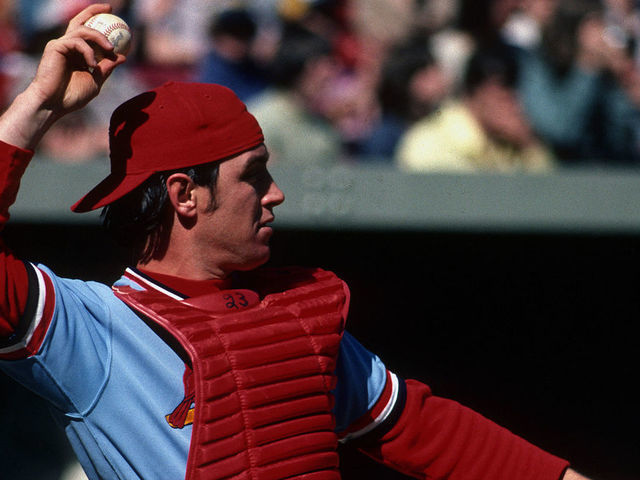 PITTSBURGH, PA - CIRCA 1978: Catcher Ted Simmons of the St. Louis Cardinals throws the ball back to the pitcher during a Major League Baseball game against the Pittsburgh Pirates at Three Rivers Stadium circa 1978 in Pittsburgh, Pennsylvania. *** Local Caption *** Ted Simmons