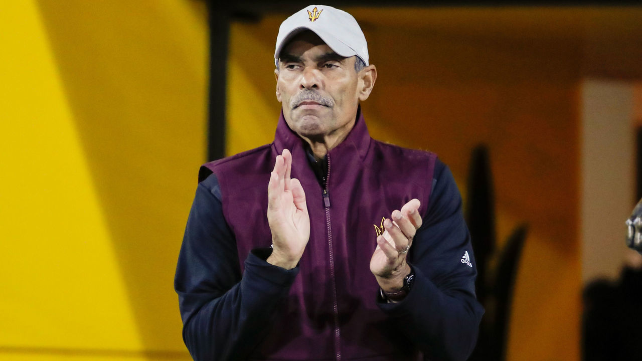 TEMPE, AZ - NOVEMBER 30: Arizona State Sun Devils head coach Herm Edwards claps before the college football game between the Arizona Wildcats and the Arizona State Sun Devils on November 30, 2019 at Sun Devil Stadium in Tempe, Arizona.