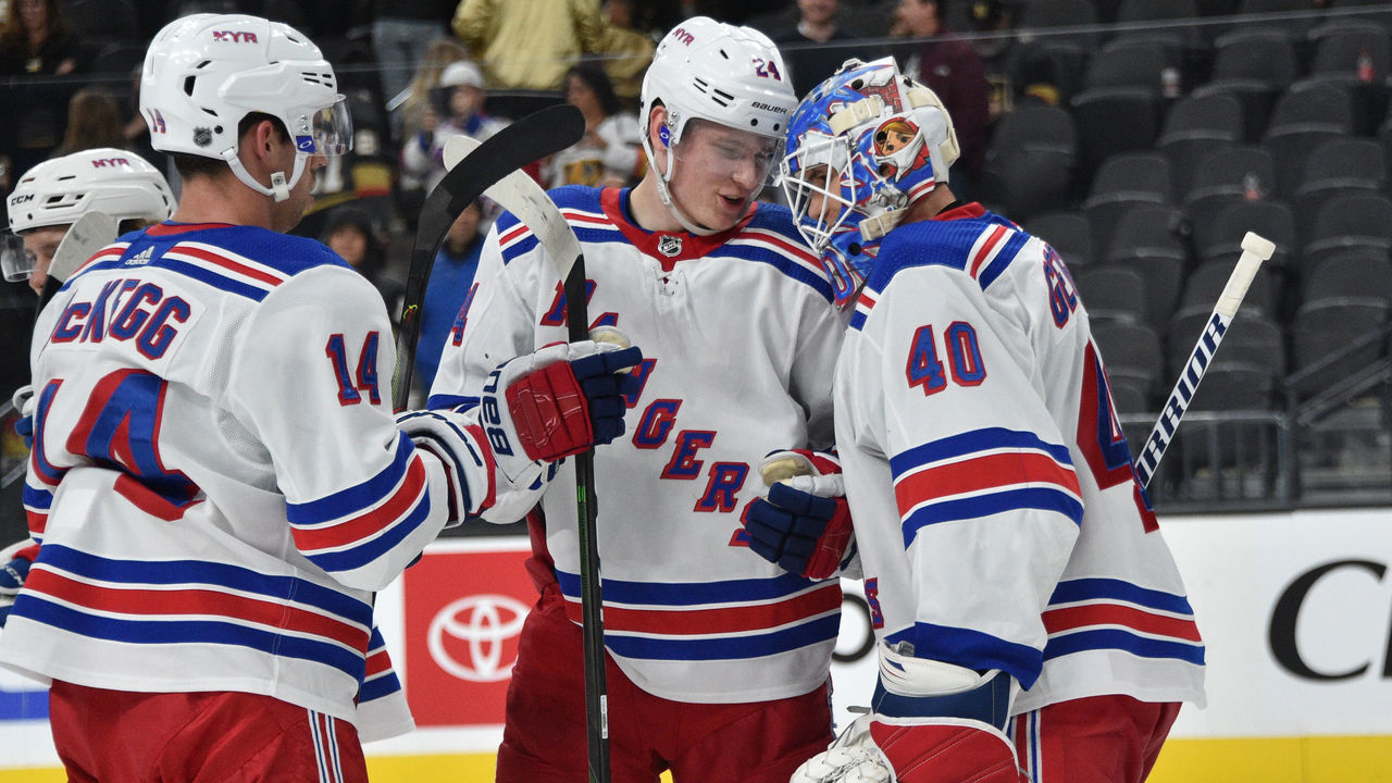 LAS VEGAS, NEVADA - DECEMBER 08: The New York Rangers celebrate after defeating the Vegas Golden Knights at T-Mobile Arena on December 08, 2019 in Las Vegas, Nevada.