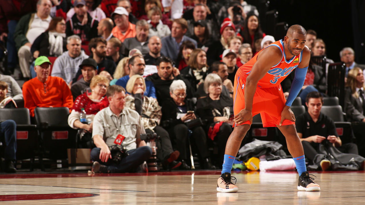 PORTLAND, OR - DECEMBER 8: Chris Paul #3 of the Oklahoma City Thunder smiles during a game against the Portland Trail Blazers on December 8, 2019 at the Moda Center Arena in Portland, Oregon. Mandatory Copyright Notice: Copyright 2019 NBAE