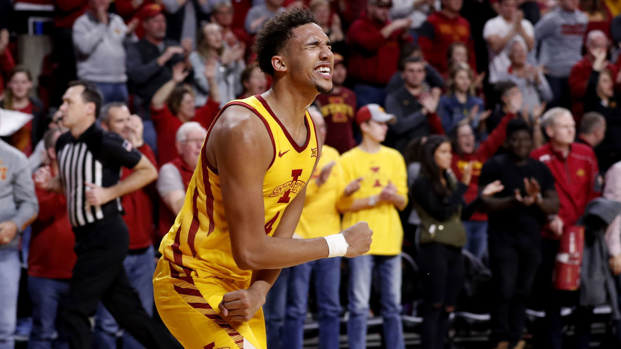 AMES, IA - DECEMBER 8: George Conditt IV #4 of the Iowa State Cyclones reacts after a 76-66 over the Seton Hall Pirates at Hilton Coliseum on December 8, 2019 in Ames, Iowa. The Iowa State Cyclones won 76-66 over the Seton Hall Pirates.