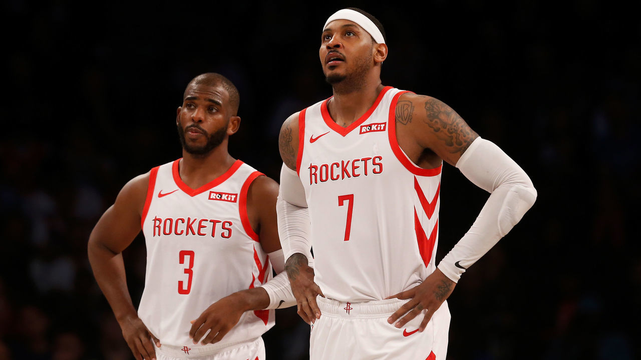 BROOKLYN, NY - NOVEMBER 02: (NEW YORK DAILIES OUT) Carmelo Anthony #7 and Chris Paul #3 of the Houston Rockets in action against the Brooklyn Nets at Barclays Center on November 2, 2018 in the Brooklyn borough of New York City. The Rockets defeated the Nets 119-111. NOTE TO USER: User expressly acknowledges and agrees that, by downloading and/or using this photograph, user is consenting to the terms and conditions of the Getty Images License Agreement.