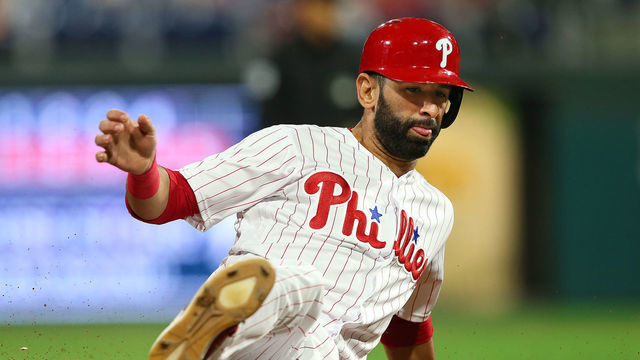 PHILADELPHIA, PA - SEPTEMBER 29: Jose Bautista #19 of the Philadelphia Phillies in action against the Atlanta Braves during a game at Citizens Bank Park on September 29, 2018 in Philadelphia, Pennsylvania.