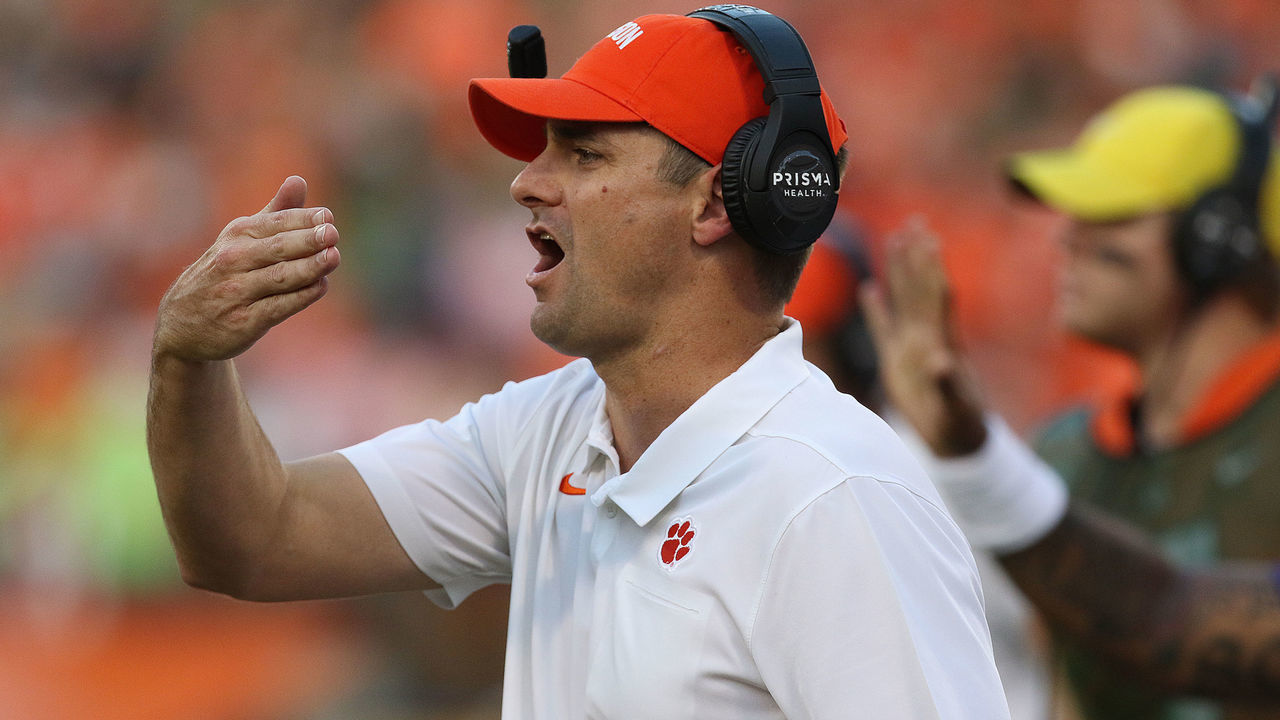 CLEMSON, SC - OCTOBER 12: Jeff Scott offensive coordinator of Clemson during a college football game between Florida State Seminoles and the Clemson Tigers on October 12, 2019, at Clemson Memorial Stadium in Clemson, SC.