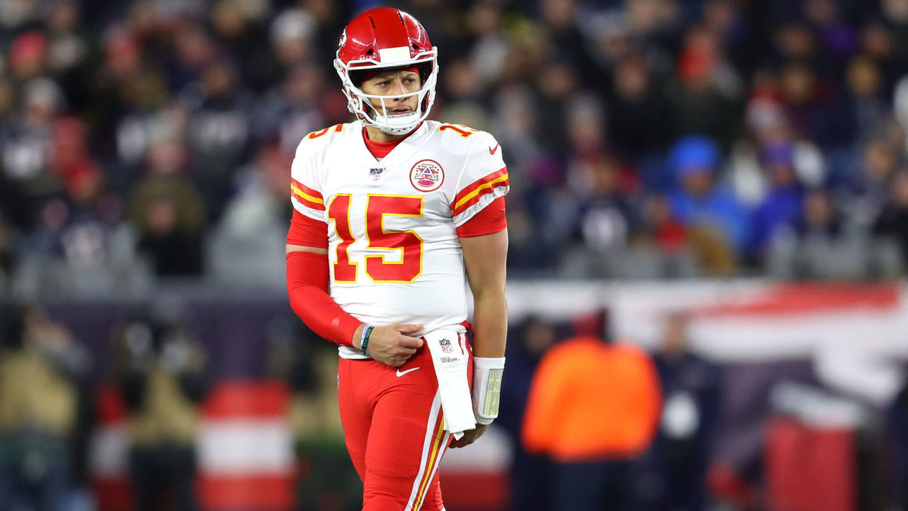FOXBOROUGH, MASSACHUSETTS - DECEMBER 08: Patrick Mahomes #15 of the Kansas City Chiefs celebrates during the first half of the game against the New England Patriots at Gillette Stadium on December 08, 2019 in Foxborough, Massachusetts.