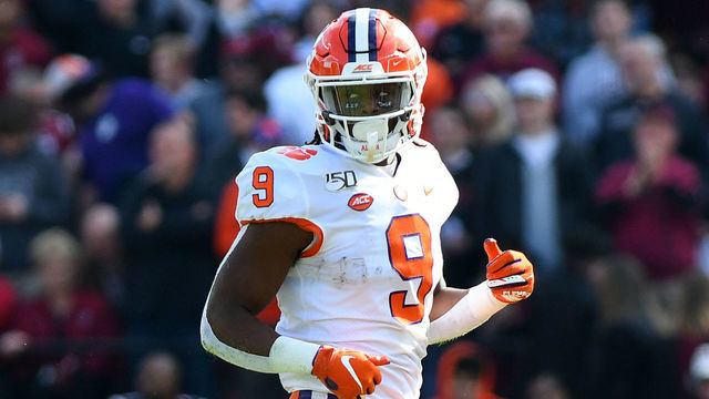 COLUMBIA, SC - NOVEMBER 30: Clemson Tigers running back Travis Etienne (9) gets into position during the game between the Clemson Tigers and the South Carolina Gamecocks on November 30, 2019 at Williams-Brice Stadium in Columbia, South Carolina.