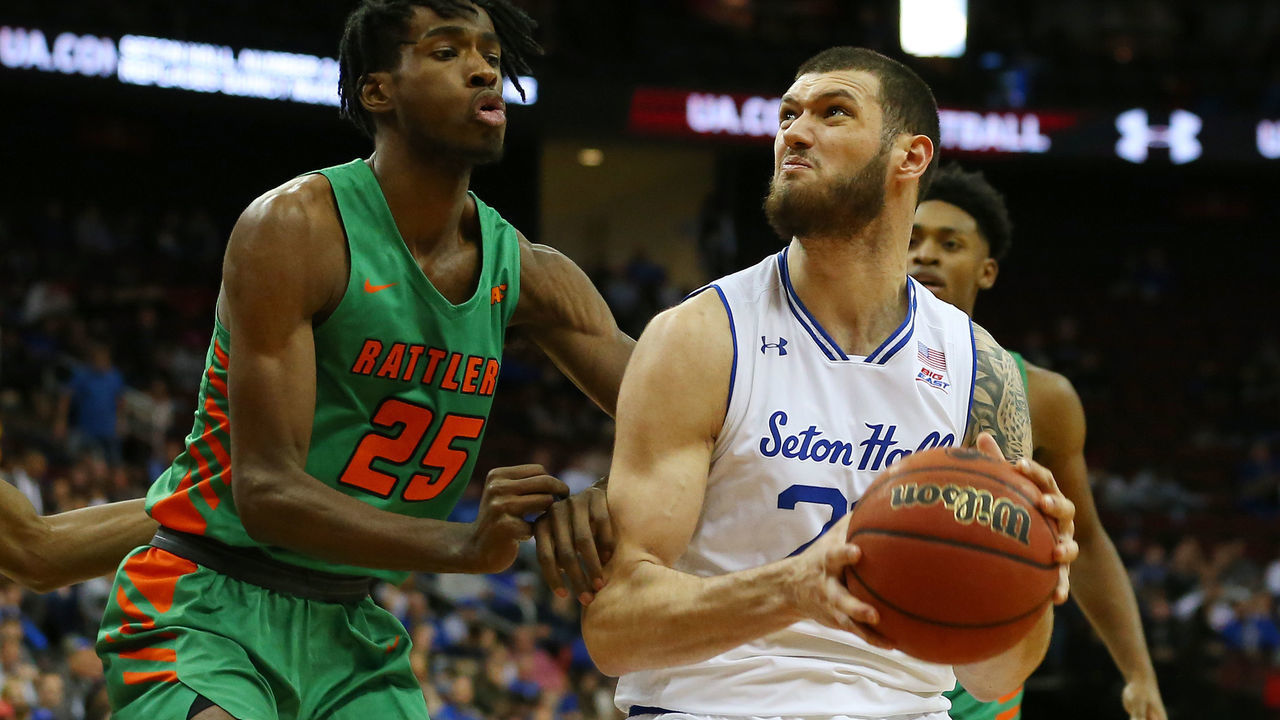 NEWARK, NJ - NOVEMBER 23: Sandro Mamukelashvili #23 of the Seton Hall Pirates in action against DJ Jones #25 of the Florida A&M Rattlers during a college basketball game at Prudential Center on November 23, 2019 in Newark, New Jersey. Seton Hall defeated Florida A&M 87-51.