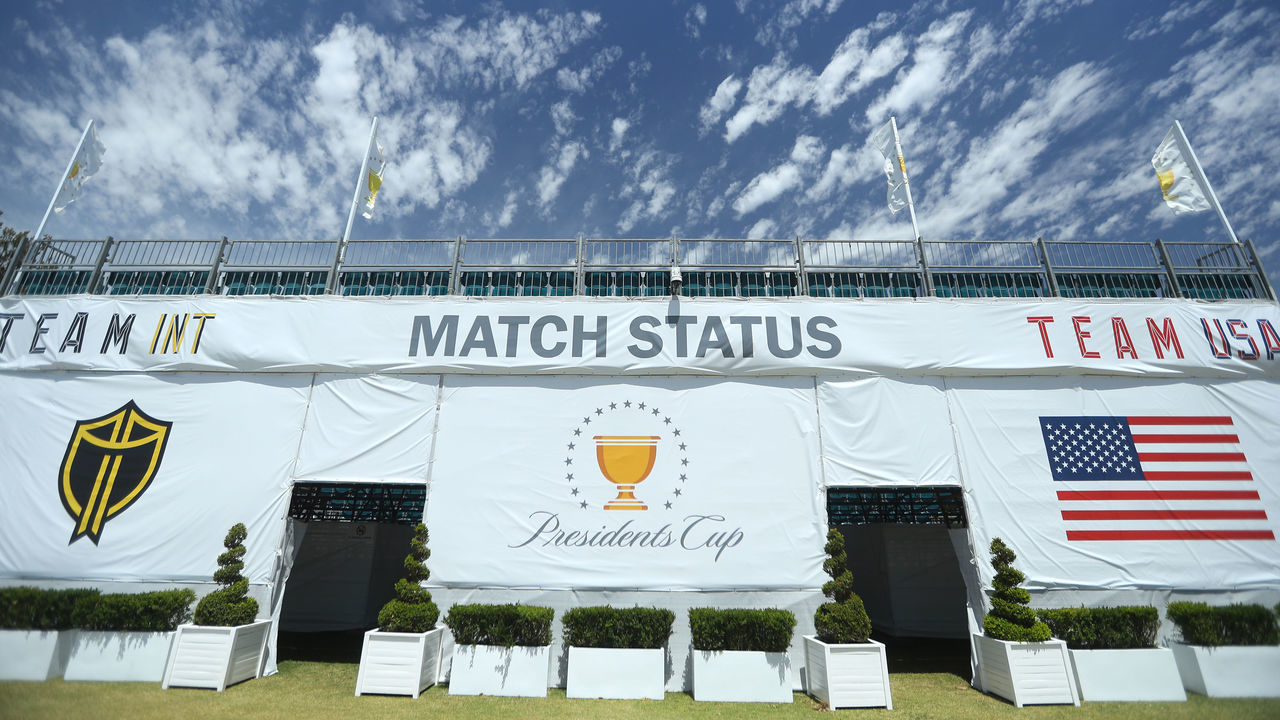 MELBOURNE, AUSTRALIA - DECEMBER 09: The grandstand on the 10th green is pictured ahead of the 2019 Presidents Cup held at Royal Melbourne Golf Club on December 09, 2019 in Melbourne, Australia.