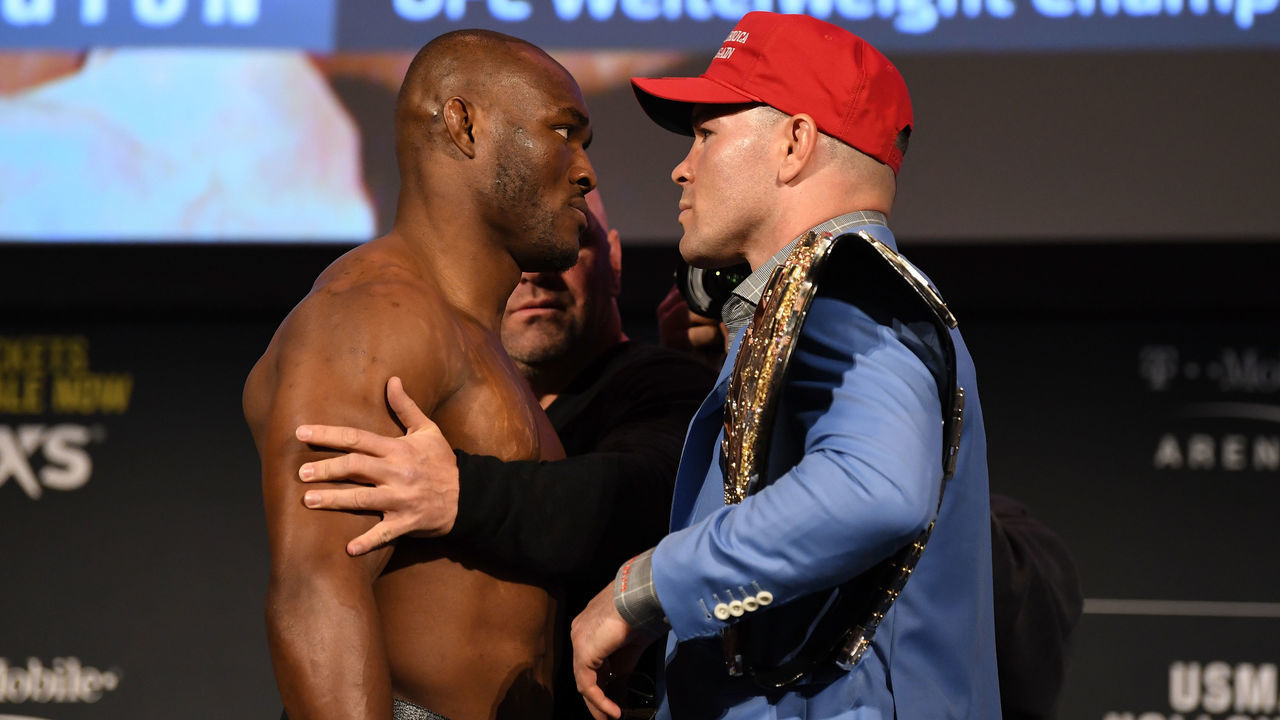 NEW YORK, NY - NOVEMBER 01: (L-R) Kamaru Usman and Colby Covington face off during the UFC 245 press conference at the Hulu Theatre at Madison Square Garden on November 1, 2019 in New York, New York.