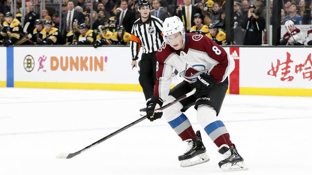 BOSTON, MA - DECEMBER 07: Colorado Avalanche defenseman Cale Makar (8) looks for a pass during a game between the Boston bruins and the Colorado Avalanche on December 7, 2019, at TD Garden in Boston, Massachusetts.