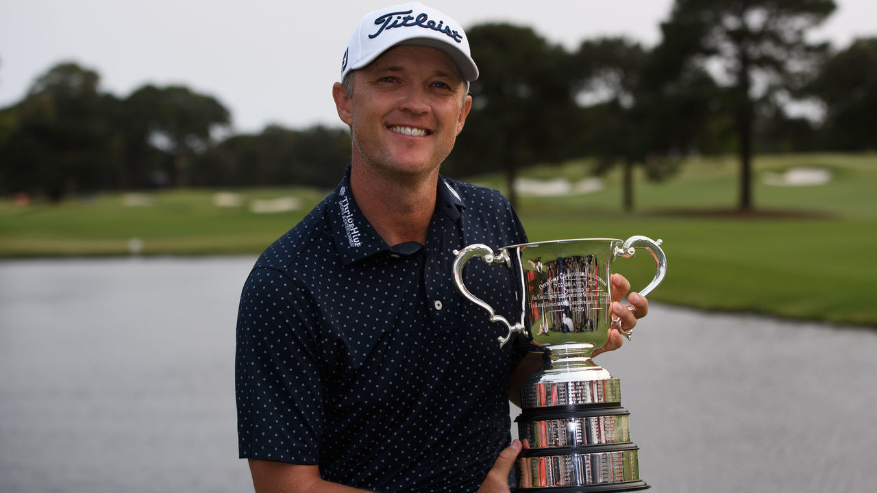 SYDNEY, AUSTRALIA - DECEMBER 08: Matt Jones (AUS) with the winners trophy at The Australian Open Golf at The Australian Golf Club on December 08, 2019 in Sydney, Australia.