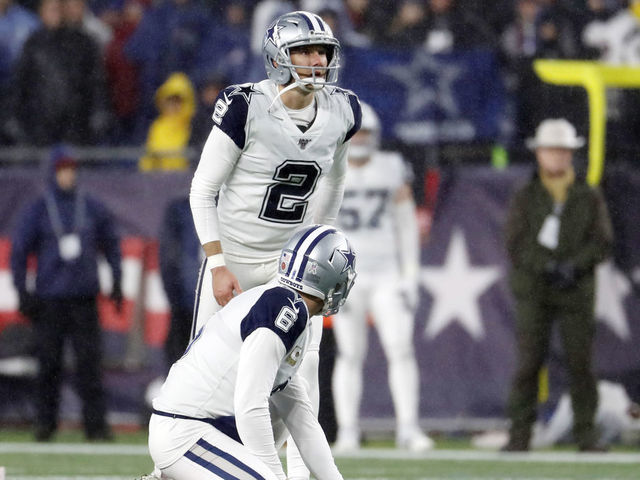 FOXBOROUGH, MA - NOVEMBER 24: Dallas Cowboys place kicker Brett Maher (2) eyes a field goal during a game between the New England Patriots and the Dallas Cowboys on November 24, 2019, at Gillette Stadium in Foxborough, Massachusetts.