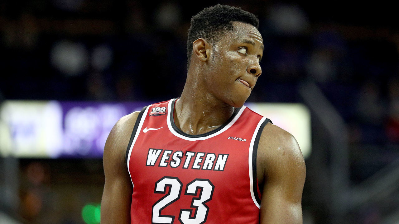 SEATTLE, WA - NOVEMBER 06: Charles Bassey #23 of the Western Kentucky Hilltoppers reacts in the second half while taking on the Washington Huskies during their game at Hec Edmundson Pavilion on November 6, 2018 in Seattle, Washington.