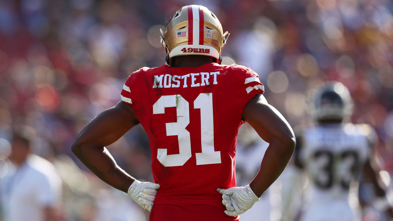 LOS ANGELES, CALIFORNIA - OCTOBER 13: Raheem Mostert #31 of the San Francisco 49ers looks on during the fourth quarter against the Los Angeles Rams at Los Angeles Memorial Coliseum on October 13, 2019 in Los Angeles, California.