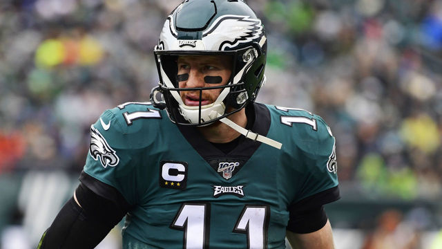 PHILADELPHIA, PA - NOVEMBER 24: Carson Wentz #11 of the Philadelphia Eagles looks on during the first quarter at Lincoln Financial Field on November 24, 2019 in Philadelphia, Pennsylvania. The Seahawks defeated the Eagles 17-9.