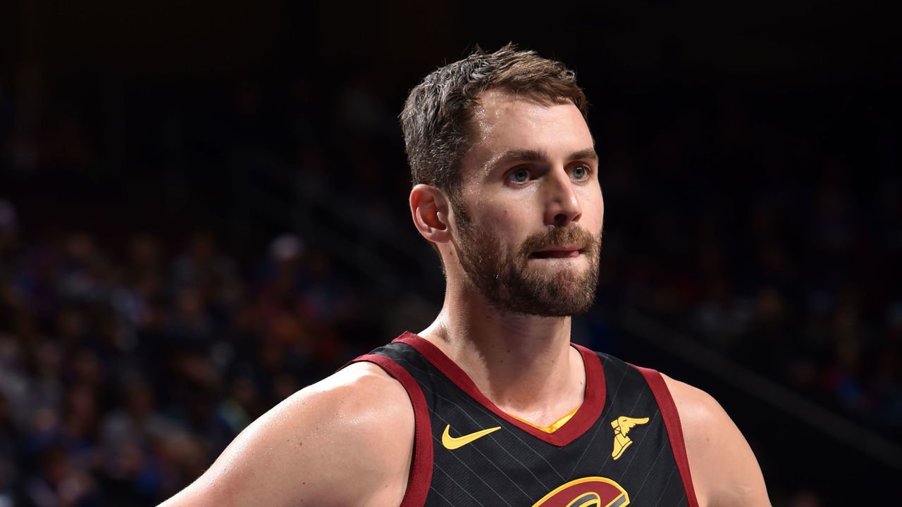 PHILADELPHIA, PA - DECEMBER 7: Kevin Love #0 of the Cleveland Cavaliers looks on during the game against the Philadelphia 76ers on December 7, 2019 at the Wells Fargo Center in Philadelphia, Pennsylvania NOTE TO USER: User expressly acknowledges and agrees that, by downloading and/or using this Photograph, user is consenting to the terms and conditions of the Getty Images License Agreement. Mandatory Copyright Notice: Copyright 2019 NBAE