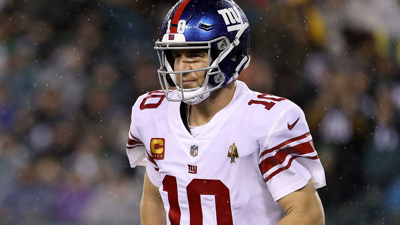 PHILADELPHIA, PENNSYLVANIA - DECEMBER 09: Quarterback Eli Manning #10 of the New York Giants walks back to the line after a play in the game against the Philadelphia Eagles at Lincoln Financial Field on December 09, 2019 in Philadelphia, Pennsylvania.
