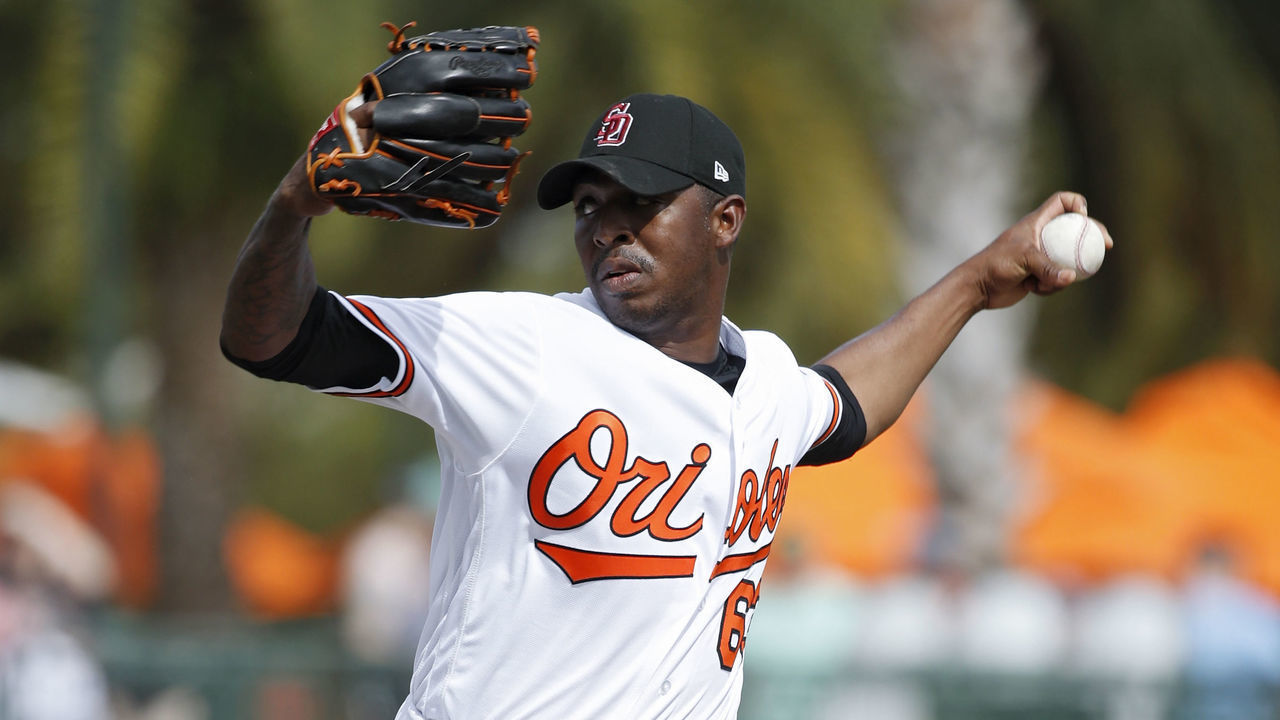 SARASOTA, FL - FEBRUARY 23: Joely Rodriguez #63 of the Baltimore Orioles pitches during a Grapefruit League spring training game against the Tampa Bay Rays at Ed Smith Stadium on February 23, 2018 in Sarasota, Florida. The Rays won 6-3.