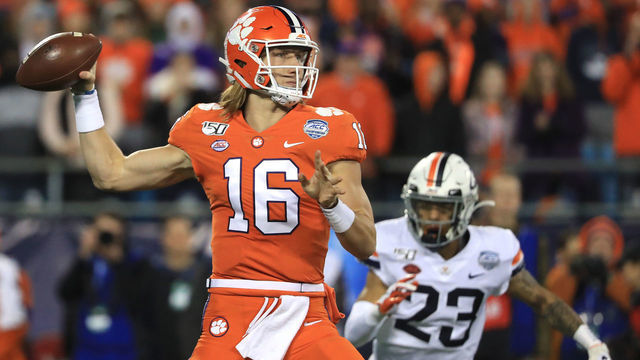 CHARLOTTE, NORTH CAROLINA - DECEMBER 07: Trevor Lawrence #16 of the Clemson Tigers drops back to pass against the Virginia Cavaliers during the ACC Football Championship game at Bank of America Stadium on December 07, 2019 in Charlotte, North Carolina.