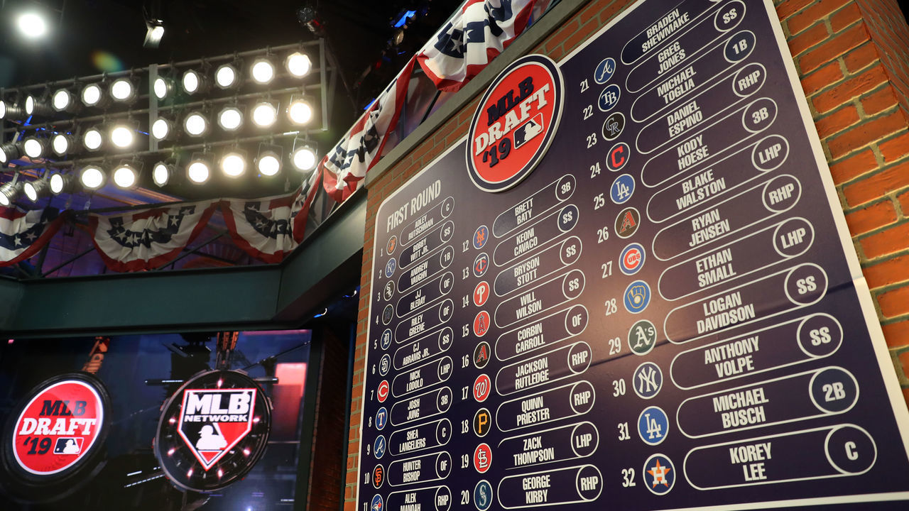 SECAUCUS, NJ - JUNE 03: A general view of the completed first round draft board during the 2019 Major League Baseball Draft at Studio 42 at the MLB Network on Monday, June 3, 2019 in Secaucus, New Jersey.