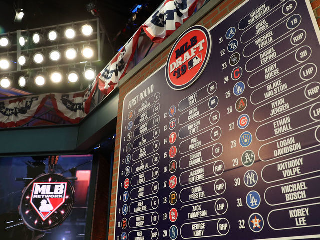 SECAUCUS, NJ - JUNE 03: A general view of the completed first round draft board during the 2019 Major League Baseball Draft at Studio 42 at the MLB Network on Monday, June 3, 2019 in Secaucus, New Jersey.