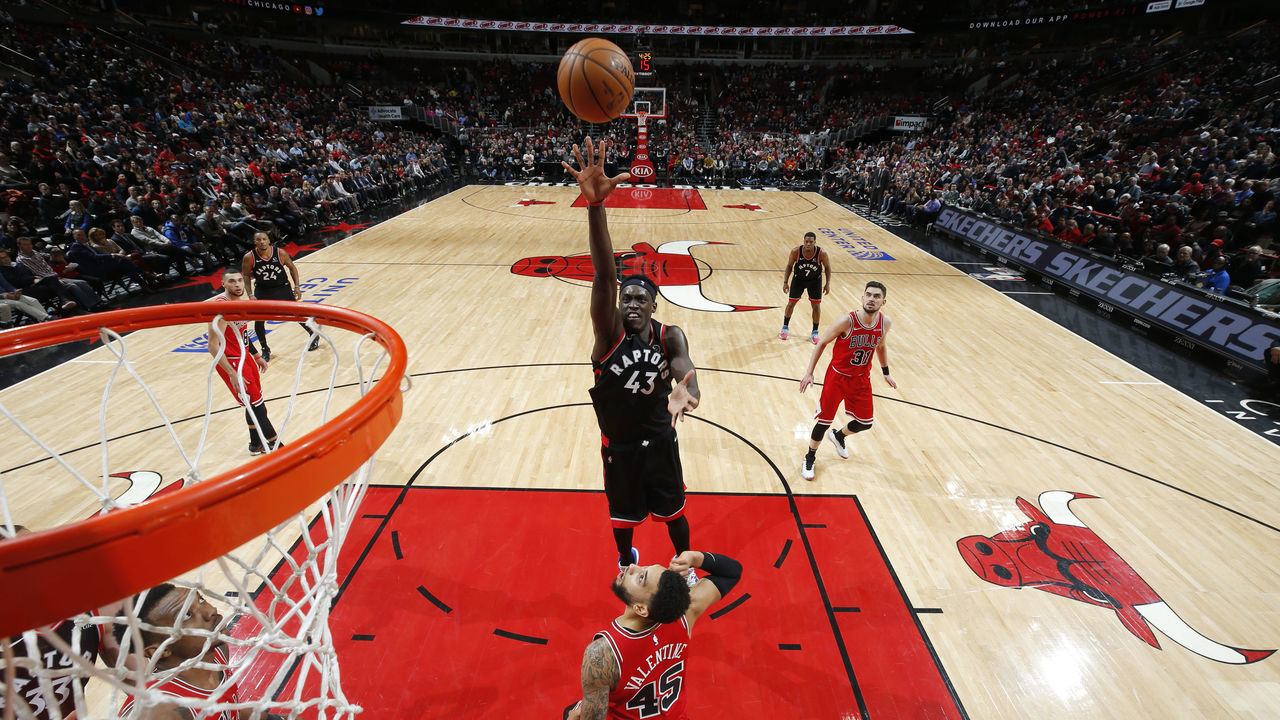 CHICAGO, IL - DECEMBER 9: Pascal Siakam #43 of the Toronto Raptors shoots the ball against the Chicago Bulls on December 9, 2019 at United Center in Chicago, Illinois. Mandatory Copyright Notice: Copyright 2019 NBAE
