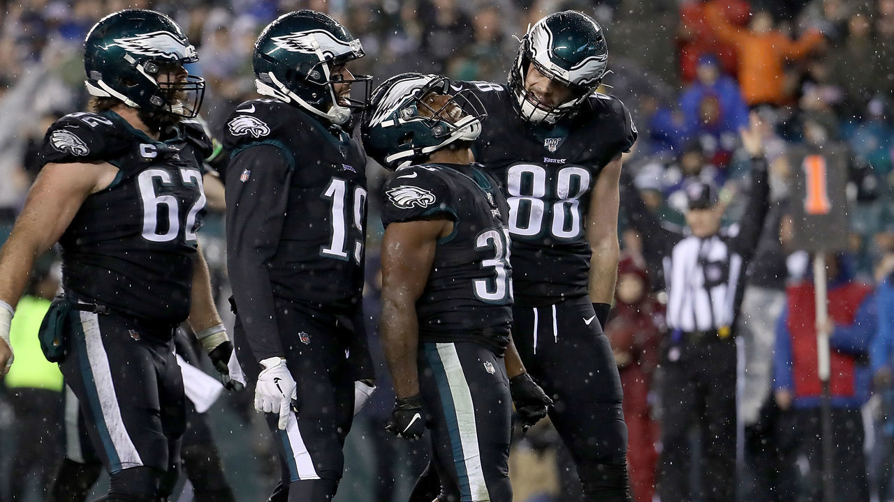 PHILADELPHIA, PENNSYLVANIA - DECEMBER 09: Running back Boston Scott #35 of the Philadelphia Eagles and teammates celebrate his touchdown in the third quarter of the game against the New York Giants at Lincoln Financial Field on December 09, 2019 in Philadelphia, Pennsylvania.