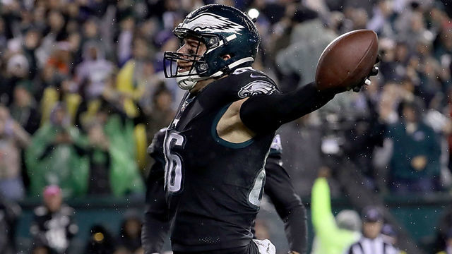 PHILADELPHIA, PENNSYLVANIA - DECEMBER 09: Tight end Zach Ertz #86 of the Philadelphia Eagles celebrates his catch in the end zone in overtime to win 23-17 over the New York Giants at Lincoln Financial Field on December 09, 2019 in Philadelphia, Pennsylvania.