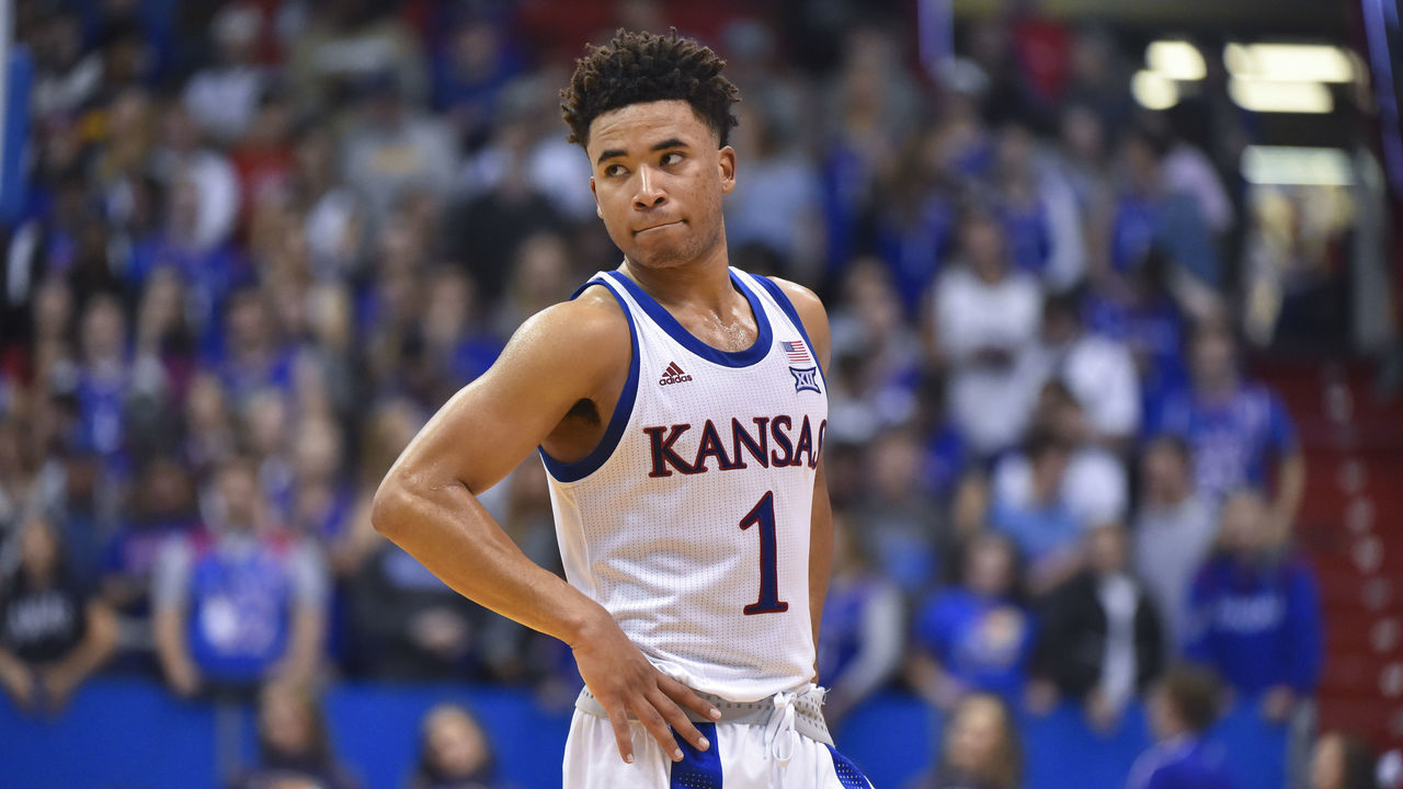 LAWRENCE, KANSAS - NOVEMBER 19: Devon Dotson #1 of the Kansas Jayhawks in action against the East Tennessee State Buccaneers at Allen Fieldhouse on November 19, 2019 in Lawrence, Kansas.