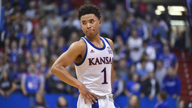 LAWRENCE, KANSAS - NOVEMBER 19: Devon Dotson #1 of the Kansas Jayhawks in action against the East Tennessee State Buccaneers at Allen Fieldhouse on November 19, 2019 in Lawrence, Kansas.