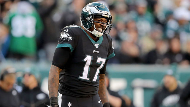 PHILADELPHIA, PENNSYLVANIA - NOVEMBER 03: Alshon Jeffery #17 of the Philadelphia Eagles reacts after a hit by the Chicago Bears at Lincoln Financial Field on November 03, 2019 in Philadelphia, Pennsylvania.The Philadelphia Eagles defeated the Chicago Bears 22-14.
