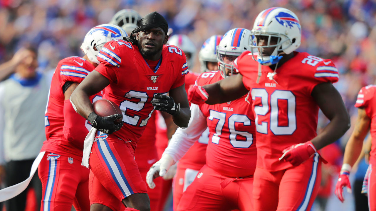 ORCHARD PARK, NY - OCTOBER 20: TreDavious White #27 of the Buffalo Bills celebrates his interception with teammates during the second half against the Miami Dolphins at New Era Field on October 20, 2019 in Orchard Park, New York. Buffalo beats Miami 31 to 21.