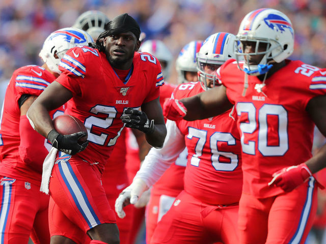 ORCHARD PARK, NY - OCTOBER 20: TreDavious White #27 of the Buffalo Bills celebrates his interception with teammates during the second half against the Miami Dolphins at New Era Field on October 20, 2019 in Orchard Park, New York. Buffalo beats Miami 31 to 21.