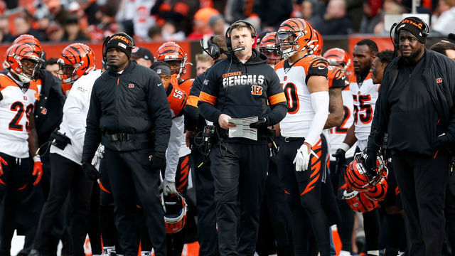 CLEVELAND, OH - DECEMBER 8: Head coach Zac Taylor of the Cincinnati Bengals watches a replay during the second quarter of the game against the Cleveland Browns at FirstEnergy Stadium on December 8, 2019 in Cleveland, Ohio.