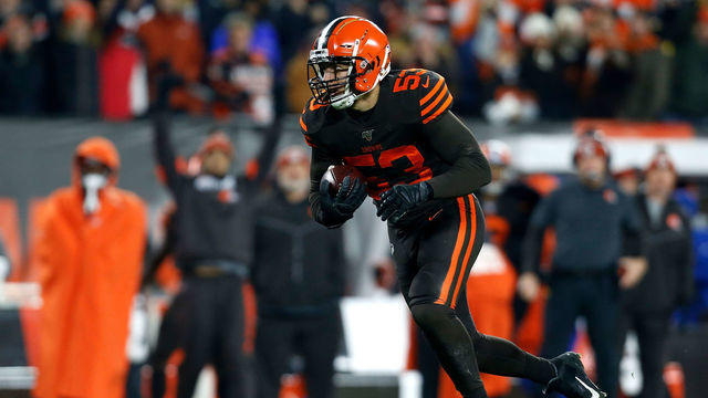 CLEVELAND, OH - NOVEMBER 14: Joe Schobert #53 of the Cleveland Browns runs with the ball during the game against the Pittsburgh Steelers at FirstEnergy Stadium on November 14, 2019 in Cleveland, Ohio.