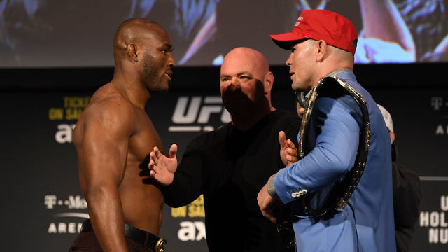 NEW YORK, NY - NOVEMBER 01: (L-R) Kamaru Usman and Colby Covington face off during the UFC 245 press conference at the Hulu Theatre at Madison Square Garden on November 1, 2019 in New York, New York.