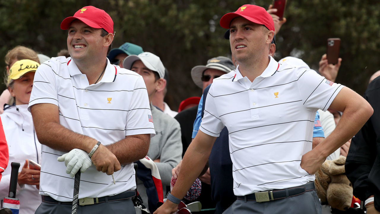 MELBOURNE, AUSTRALIA - DECEMBER 10: Patrick Reed of the United States team and Justin Thomas of the United States team look on during practice ahead of the 2019 Presidents Cup at the Royal Melbourne Golf Course on December 10, 2019 in Melbourne, Australia.