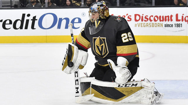 LAS VEGAS, NEVADA - NOVEMBER 21: Marc-Andre Fleury #29 of the Vegas Golden Knights saves a shot during the second period against the San Jose Sharks at T-Mobile Arena on November 21, 2019 in Las Vegas, Nevada.