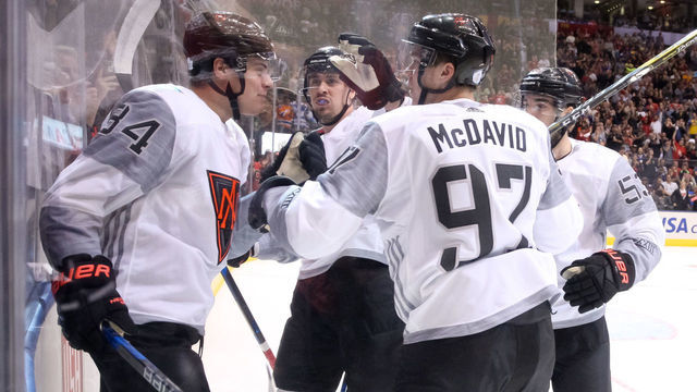TORONTO, ON - SEPTEMBER 18: Auston Matthews #34, Mark Scheifele #55, Connor McDavid #97 and Shayne Gostisbehere #53 of Team North America celebrate after a first period goal on Team Finland during the World Cup of Hockey 2016 at Air Canada Centre on September 18, 2016 in Toronto, Ontario, Canada.